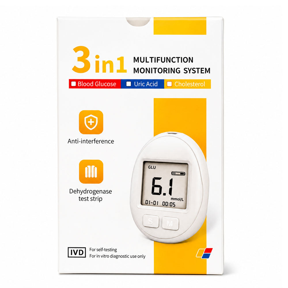 Monitor de salud 3 en 1 glucosa, ácido úrico y colesterol.